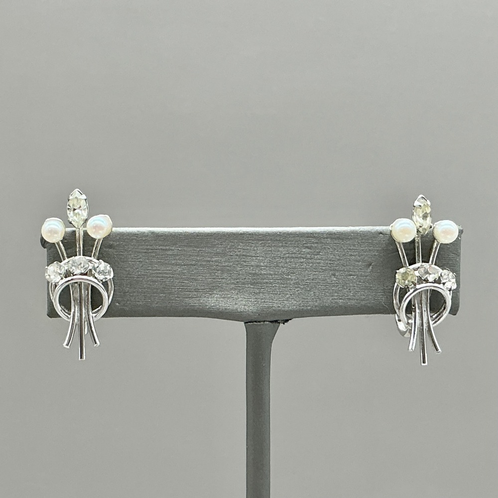 Carl-Art Earrings Sterling Silver Faux Pearl Rhinestone Screw Back Vintage MCM
